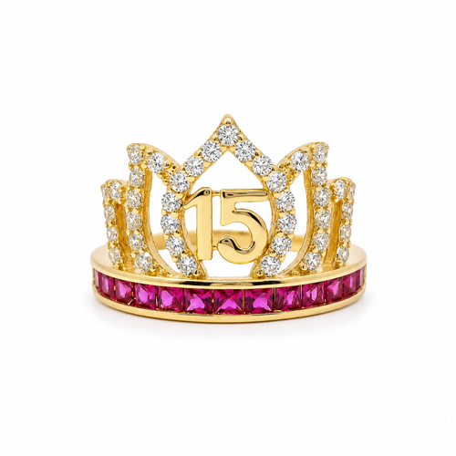 14KT Gold Ring Women's "15" Quinceanera Flame Tiara with Round White CZ Stones Outline and Dark Pink Square CZ Stones Band