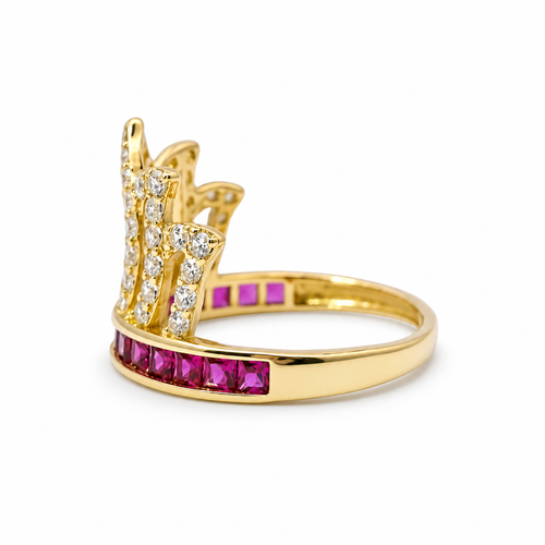 14KT Gold Ring Women's "15" Quinceanera Flame Tiara with Round White CZ Stones Outline and Dark Pink Square CZ Stones Band