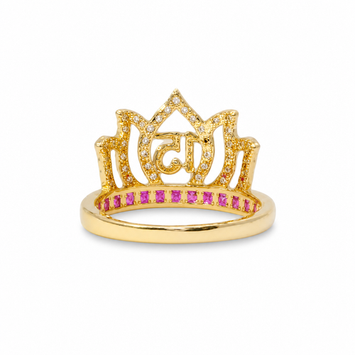 14KT Gold Ring Women's "15" Quinceanera Flame Tiara with Round White CZ Stones Outline and Dark Pink Square CZ Stones Band