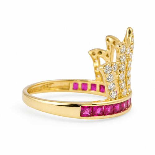 14KT Gold Ring Women's "15" Quinceanera Flame Tiara with Round White CZ Stones Outline and Dark Pink Square CZ Stones Band
