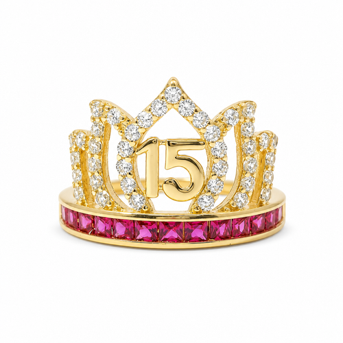 14KT Gold Ring Women's "15" Quinceanera Flame Tiara with Round White CZ Stones Outline and Dark Pink Square CZ Stones Band