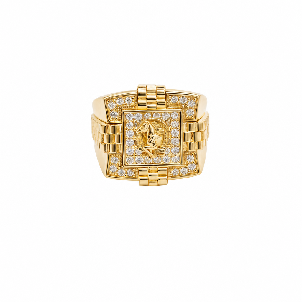 14KT Gold Ring Men's Square Raised Horseshoe/Horse Portrait with White CZ Stones Background Plain Border Watch Band Design Around White CZ Stone Border Side Design Watch Band Print