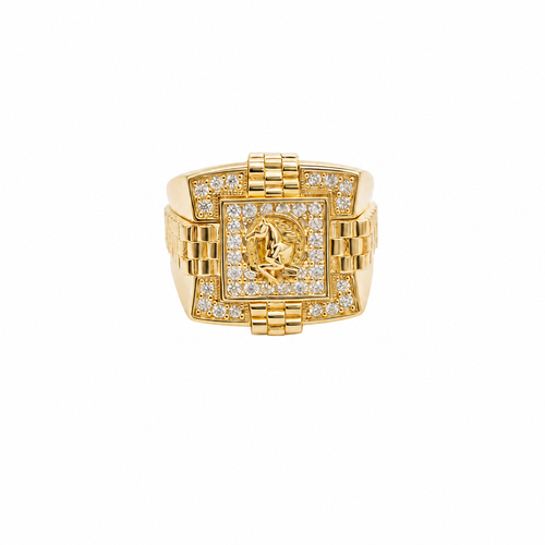 14KT Gold Ring Men's Square Raised Horseshoe/Horse Portrait with White CZ Stones Background Plain Border Watch Band Design Around White CZ Stone Border Side Design Watch Band Print