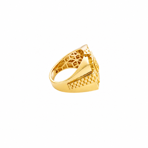 14KT Gold Ring Men's Square Raised Horseshoe/Horse Portrait with White CZ Stones Background Plain Border Watch Band Design Around White CZ Stone Border Side Design Watch Band Print