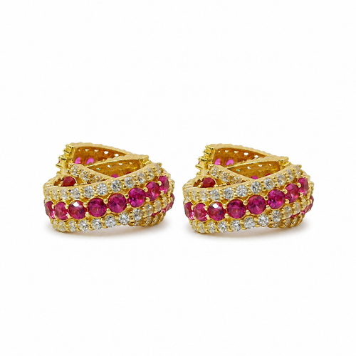 14KT Gold Earring Medium Dark Pink CZ Stones Center with White CZ Stones Border Huggie