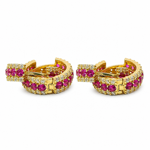 14KT Gold Earring Medium Dark Pink CZ Stones Center with White CZ Stones Border Huggie