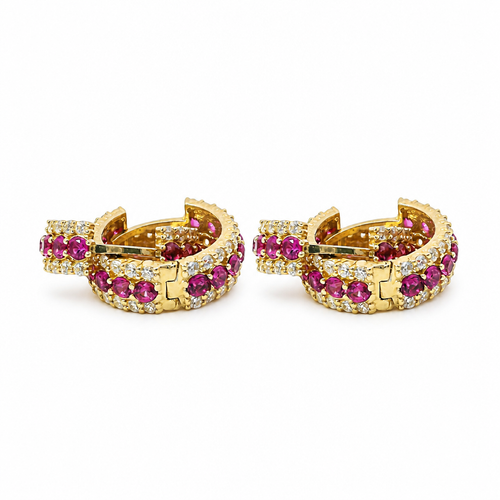14KT Gold Earring Medium Dark Pink CZ Stones Center with White CZ Stones Border Huggie