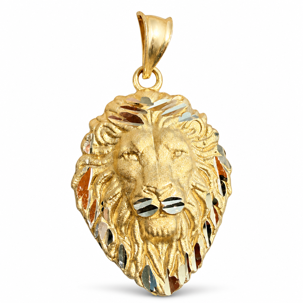 14KT Gold Charm Large Diamond Cut Long Mane Lion Head with Plain Bell
