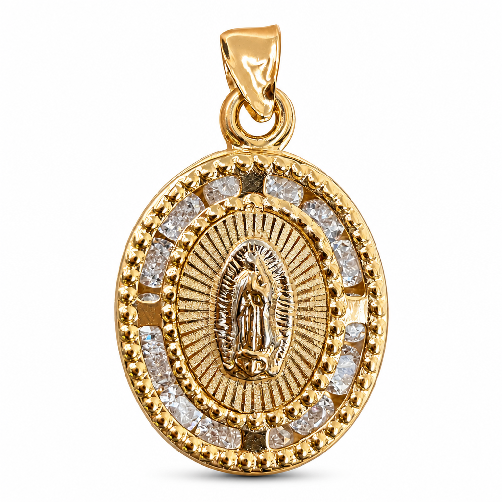 14KT Gold Charm Small Oval Two Tone Sunray Virgin Mary Coin with White CZ Stones Border and Plain Bell