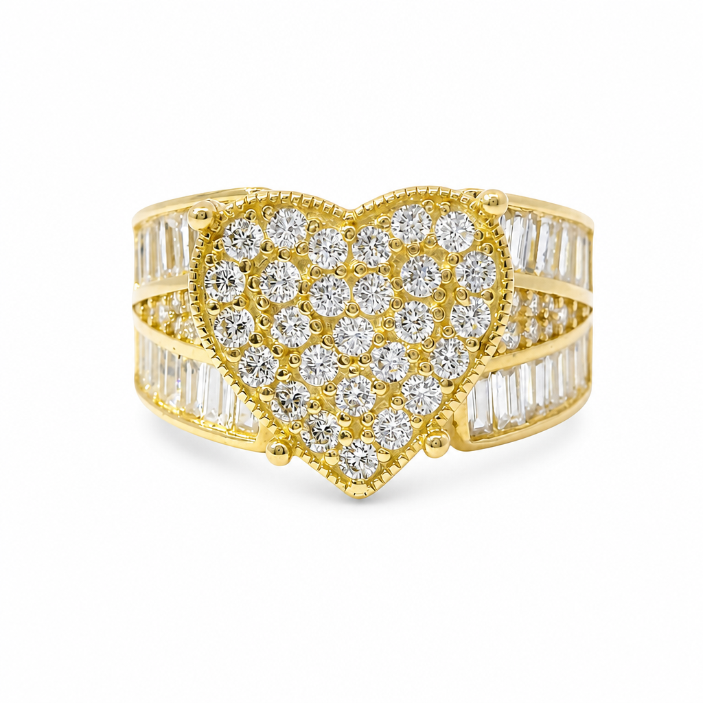 14KT Gold Ring Women's Jumbo Heart Shape White CZ Stones Cluster, Plain Border, and Baguette Chevron with Round White CZ Stones Center on Band