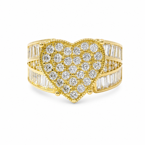 14KT Gold Ring Women's Jumbo Heart Shape White CZ Stones Cluster, Plain Border, and Baguette Chevron with Round White CZ Stones Center on Band