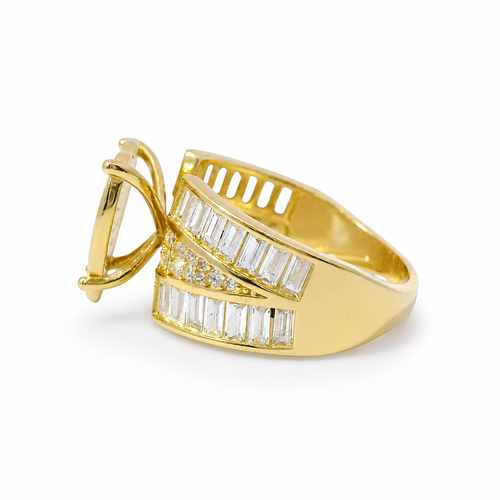 14KT Gold Ring Women's Jumbo Heart Shape White CZ Stones Cluster, Plain Border, and Baguette Chevron with Round White CZ Stones Center on Band