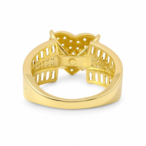 14KT Gold Ring Women's Jumbo Heart Shape White CZ Stones Cluster, Plain Border, and Baguette Chevron with Round White CZ Stones Center on Band