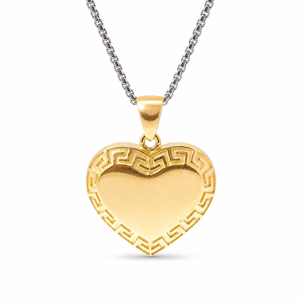 14KT Gold Charm Large Engravable Greek Border Heart with Plain Bell