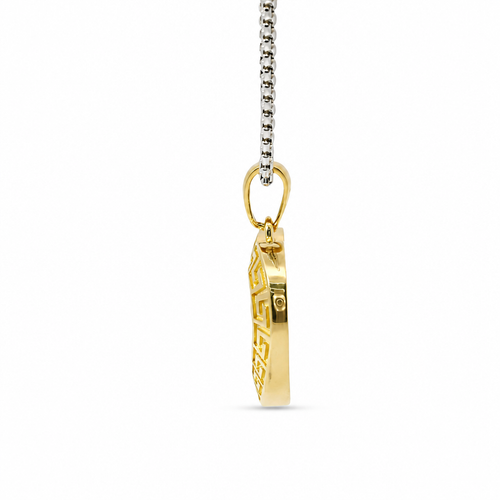 14KT Gold Charm Large Engravable Greek Border Heart with Plain Bell