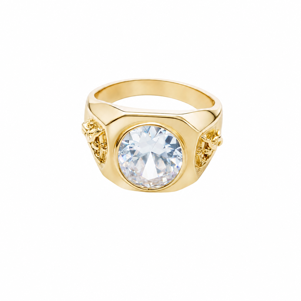 14KT Gold Ring Men's Hexagon Head with Oval White CZ Center Stone Jesus on the Cross on Band