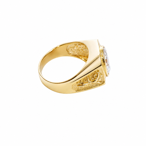 14KT Gold Ring Men's Hexagon Head with Oval White CZ Center Stone Jesus on the Cross on Band