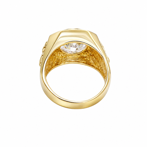 14KT Gold Ring Men's Hexagon Head with Oval White CZ Center Stone Jesus on the Cross on Band