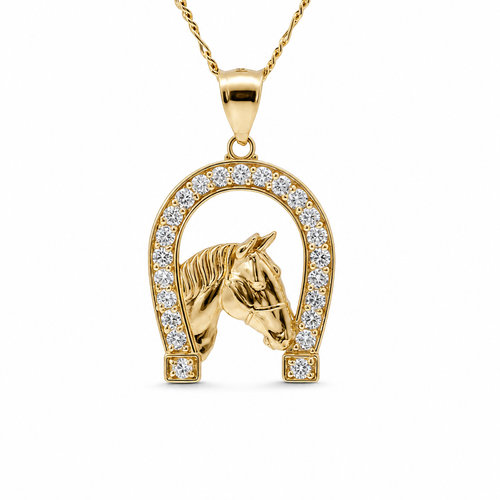 14KT Gold Charm Large Horsehead Center with White CZ Stones Horseshoe Border and Plain Bell