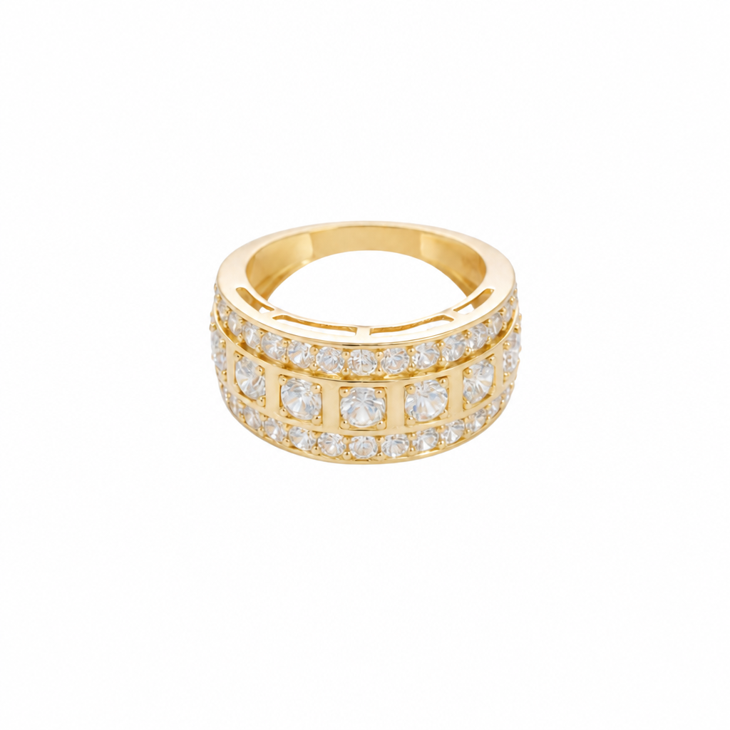 14KT Gold Ring Men's Nine Round White CZ Stones in Square Frame Center of Band White CZ Round Stones Upper and Lower Band with Single Row Border Side Design Four Rectangle Cutouts