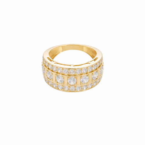 14KT Gold Ring Men's Nine Round White CZ Stones in Square Frame Center of Band White CZ Round Stones Upper and Lower Band with Single Row Border Side Design Four Rectangle Cutouts
