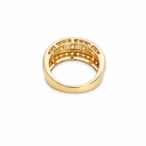 14KT Gold Ring Men's Nine Round White CZ Stones in Square Frame Center of Band White CZ Round Stones Upper and Lower Band with Single Row Border Side Design Four Rectangle Cutouts