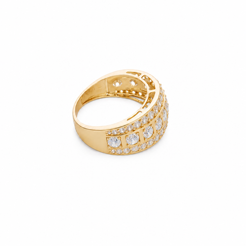 14KT Gold Ring Men's Nine Round White CZ Stones in Square Frame Center of Band White CZ Round Stones Upper and Lower Band with Single Row Border Side Design Four Rectangle Cutouts
