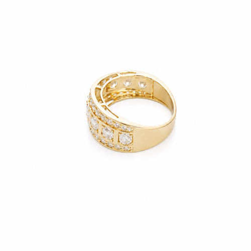 14KT Gold Ring Men's Nine Round White CZ Stones in Square Frame Center of Band White CZ Round Stones Upper and Lower Band with Single Row Border Side Design Four Rectangle Cutouts
