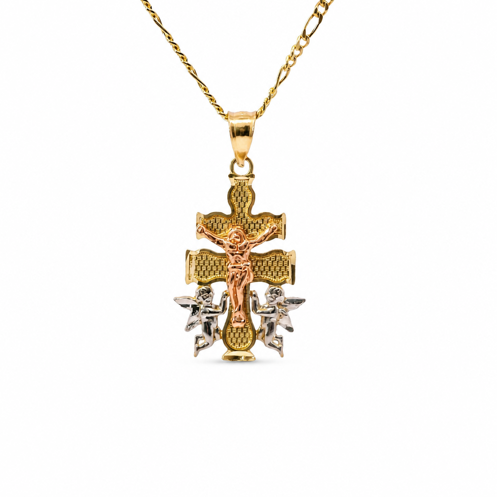 14KT Gold Charm Extra Small Tri Tone Caravaca Crucifix Cross with Rounded Base and Plain Bell