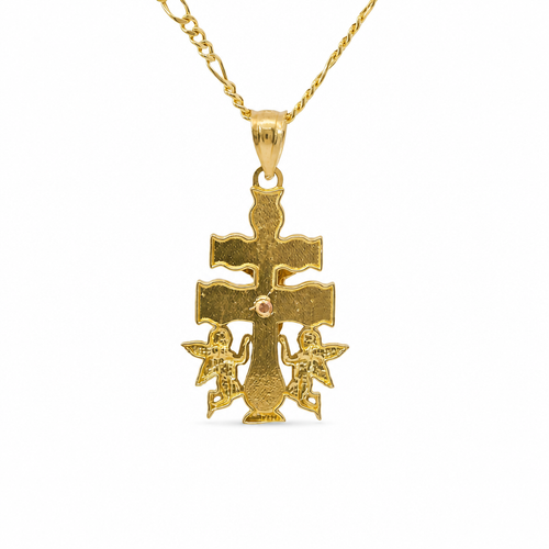 14KT Gold Charm Extra Small Tri Tone Caravaca Crucifix Cross with Rounded Base and Plain Bell