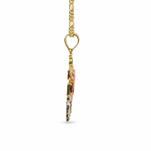 14KT Gold Charm Extra Small Tri Tone Caravaca Crucifix Cross with Rounded Base and Plain Bell
