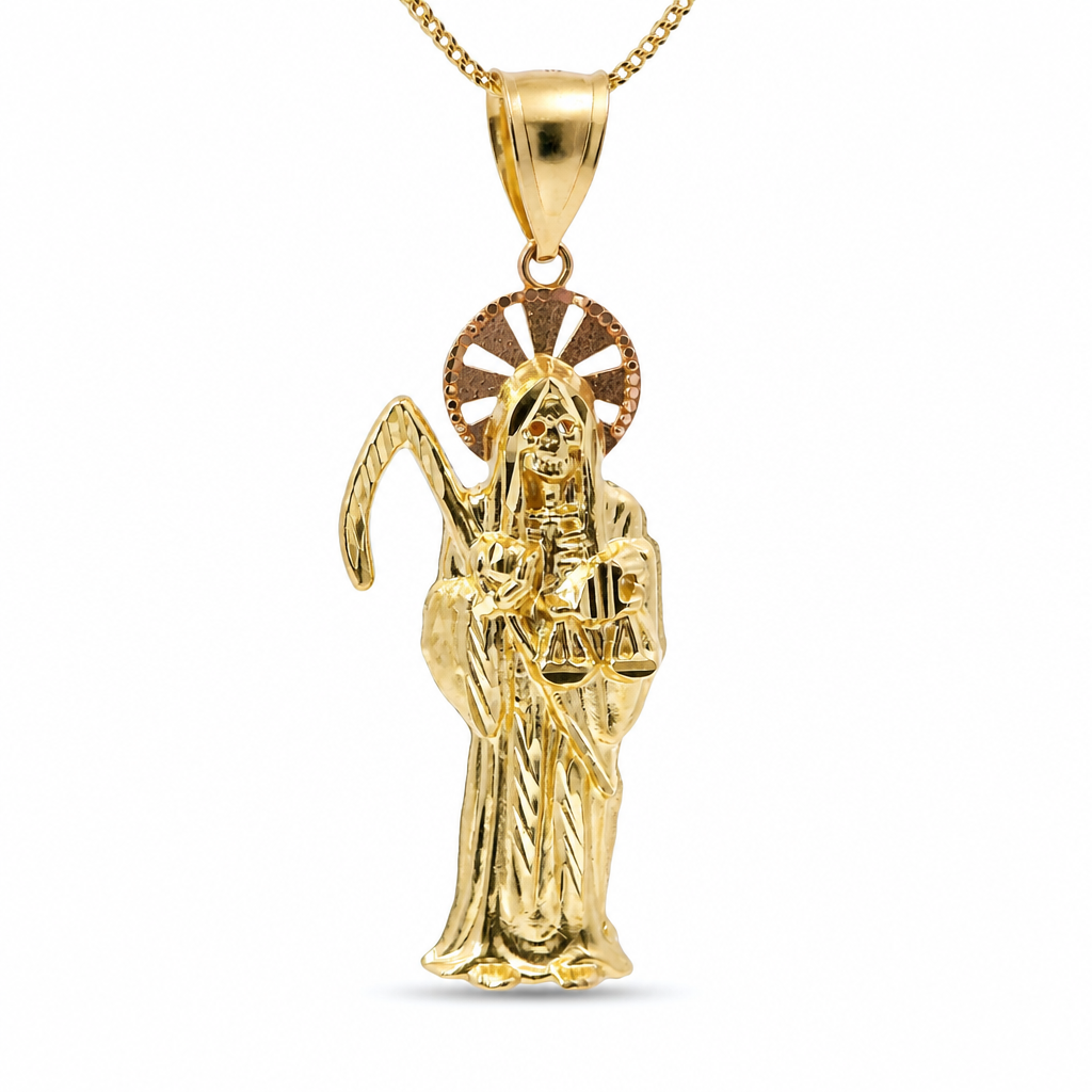 14KT Gold Charm Large Two Tone St Muerte Grim Reaper with Plain Bell