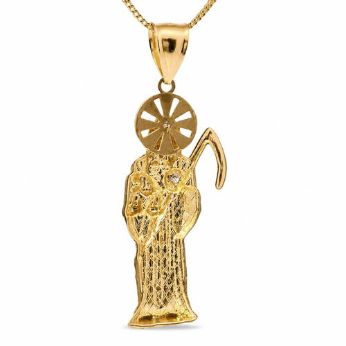 14KT Gold Charm Large Two Tone St Muerte Grim Reaper with Plain Bell