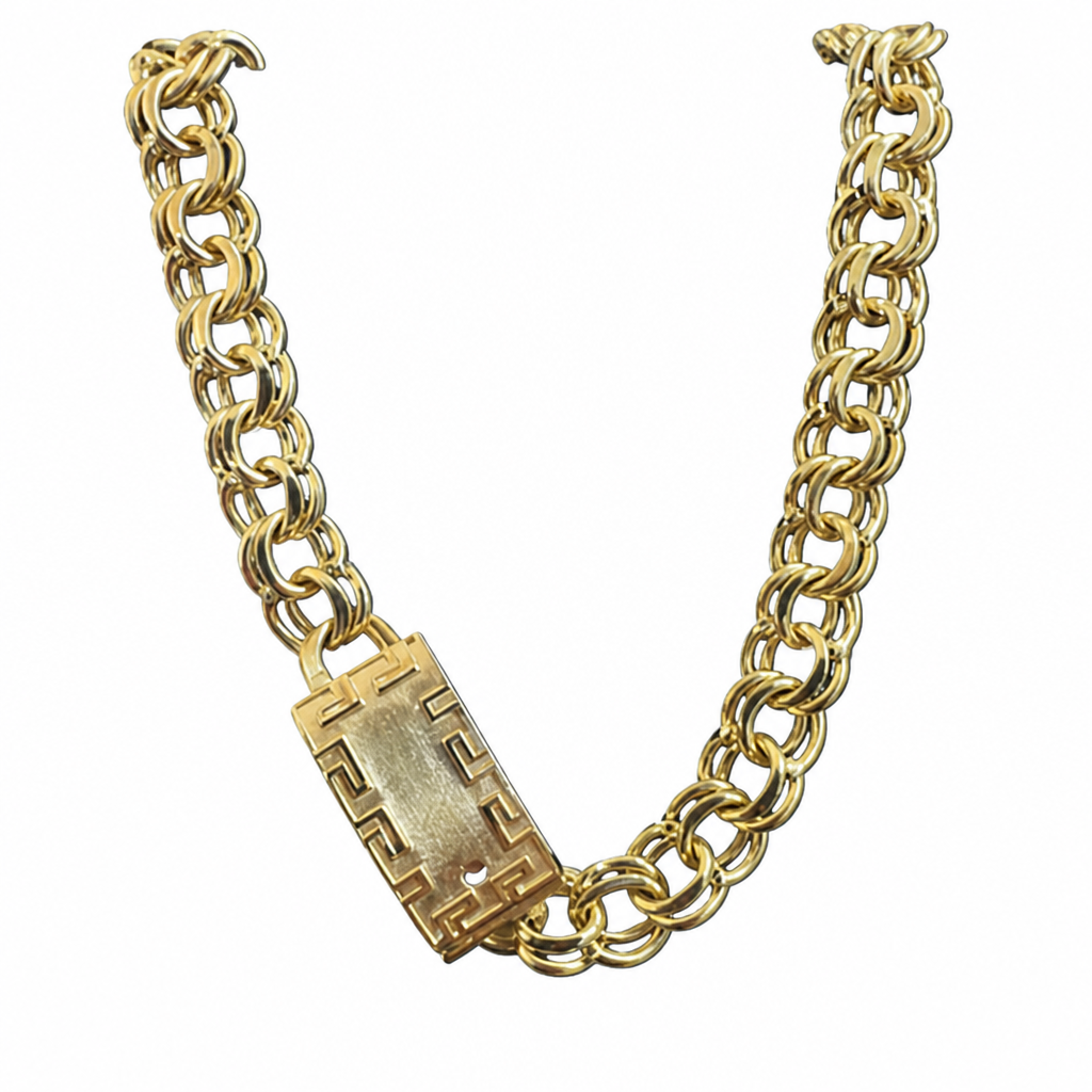 14KT Gold Chain Hollow Chino with Greek Border Pin Lock 5.5mm