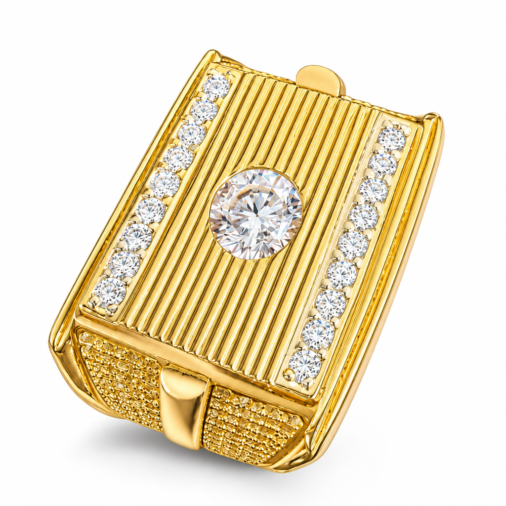 14KT Gold Ring Men's Rectangle White CZ Stones Center with Stripe Background, White CZ Stones Upper / Lower Border, Rose Gold Bar Side Design with Two Sections of Four Row White CZ Stones Band