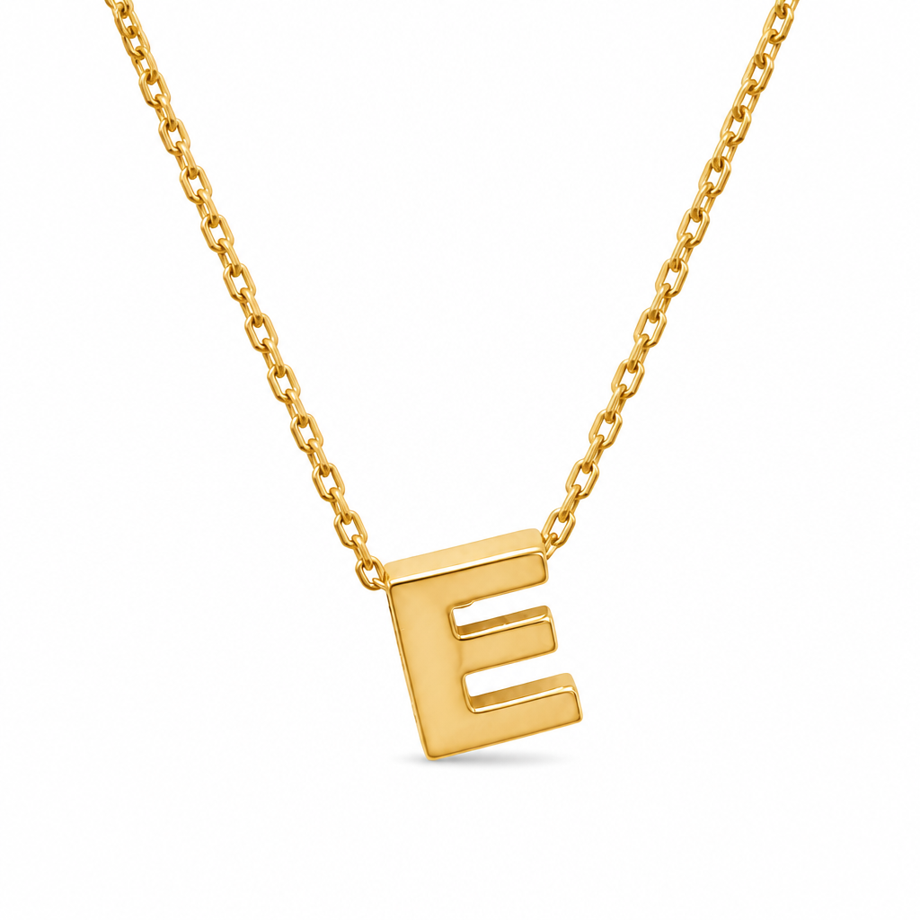 14KT Gold Solid Set Thin Chain Cable Link with Spring Lock Clasp and Single Block Font Uppercase Initial "E"