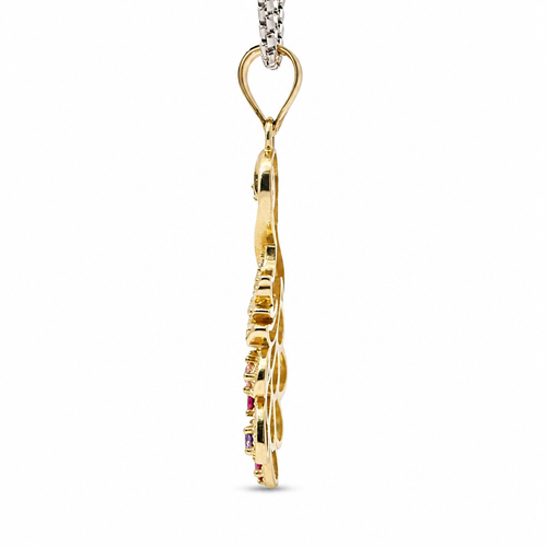 14KT Gold Charm Peacock with Multicolor CZ Stones Tail White CZ Stones Body and Dark Pink CZ Stone Eye and Plain Bell