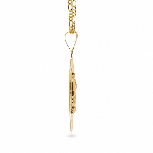 14KT Gold Charm Large Round Tri Tone Graphic Line Background Virgin Mary Coin with White CZ Stone Edge and Plain Bell