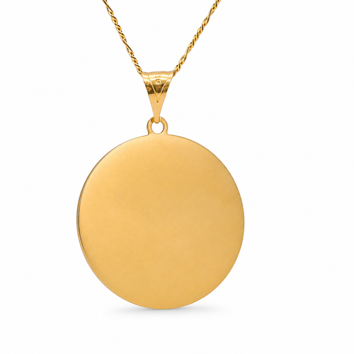 14KT Gold Charm Large Round Tri Tone Graphic Line Background Virgin Mary Coin with White CZ Stone Edge and Plain Bell