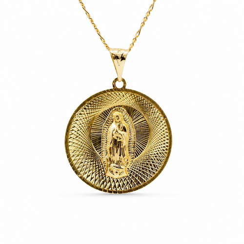 14KT Gold Charm Large Round Tri Tone Graphic Line Background Virgin Mary Coin with White CZ Stone Edge and Plain Bell
