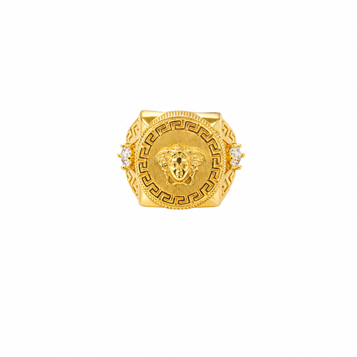 14KT Gold Ring Men's Round Raised Medusa Head with Plain Background Greek Border Band Design Single Round White CZ Stone Cutout with Greek Band Border