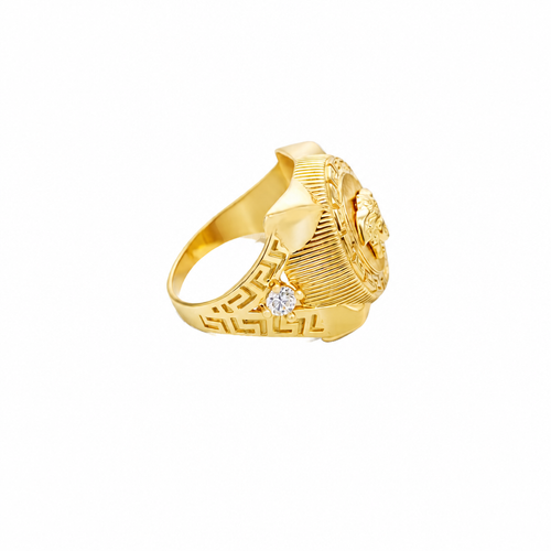14KT Gold Ring Men's Round Raised Medusa Head with Plain Background Greek Border Band Design Single Round White CZ Stone Cutout with Greek Band Border