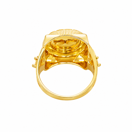 14KT Gold Ring Men's Round Raised Medusa Head with Plain Background Greek Border Band Design Single Round White CZ Stone Cutout with Greek Band Border
