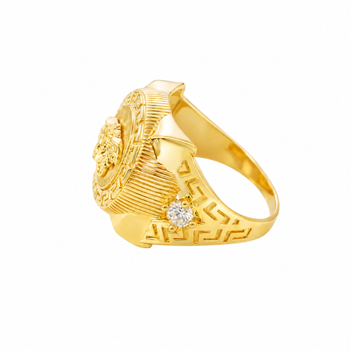 14KT Gold Ring Men's Round Raised Medusa Head with Plain Background Greek Border Band Design Single Round White CZ Stone Cutout with Greek Band Border