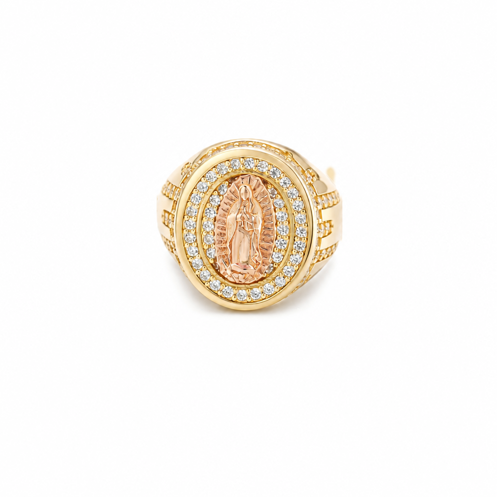 14KT Gold Ring Men's Oval Two Tone Praying Virgin Mary Center with White CZ Stones Background Plain Border with White CZ Drips on Sides