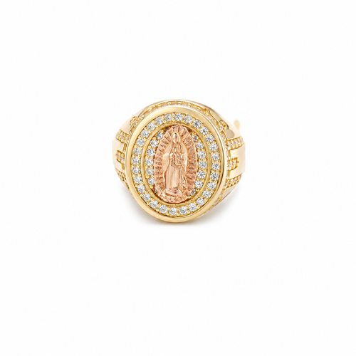 14KT Gold Ring Men's Oval Two Tone Praying Virgin Mary Center with White CZ Stones Background Plain Border with White CZ Drips on Sides