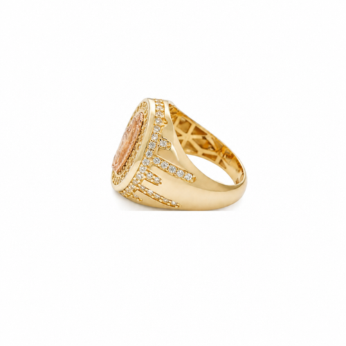 14KT Gold Ring Men's Oval Two Tone Praying Virgin Mary Center with White CZ Stones Background Plain Border with White CZ Drips on Sides