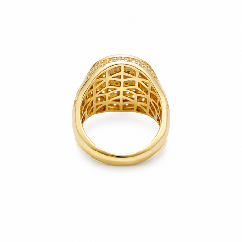 14KT Gold Ring Men's Oval Two Tone Praying Virgin Mary Center with White CZ Stones Background Plain Border with White CZ Drips on Sides