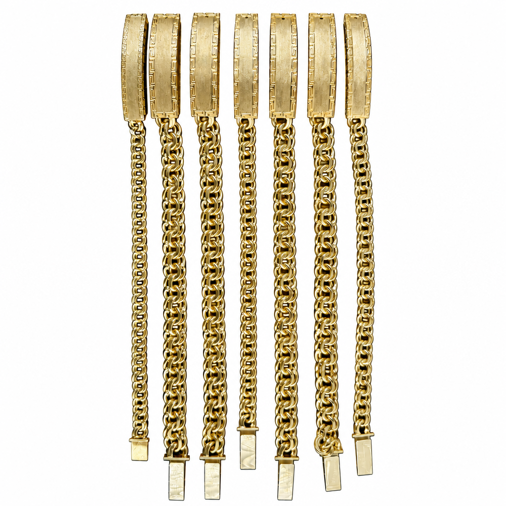 14KT Gold Bracelet Hollow Chino Band with Greek Border Name Plate 11mm