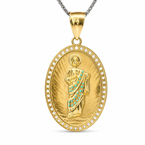 14KT Gold Charm Large Oval St Jude Sunray Coin with Green CZ Stone Robe, White CZ Stone Border and Plain Bell